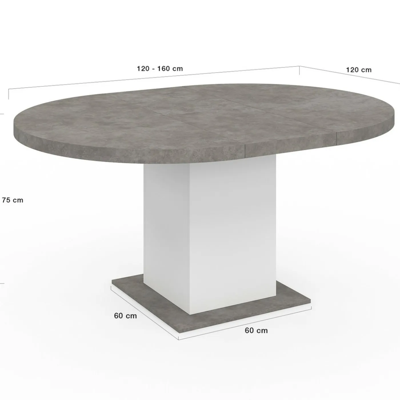 Table à manger extensible ronde 4-8 personnes béton et blanc 120-160 cm
