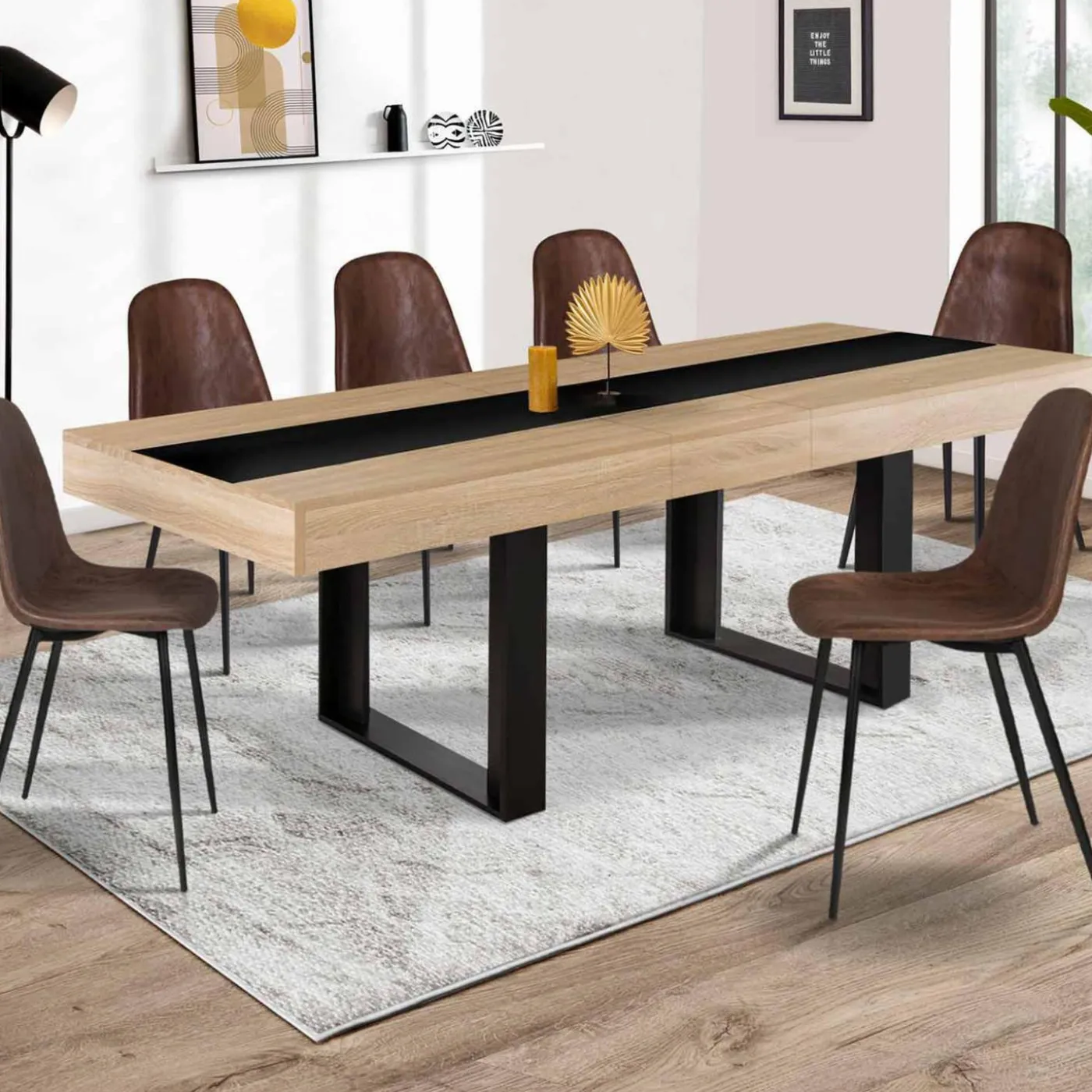 Table à manger extensible 6-10 personnes bois et bande centrale noire