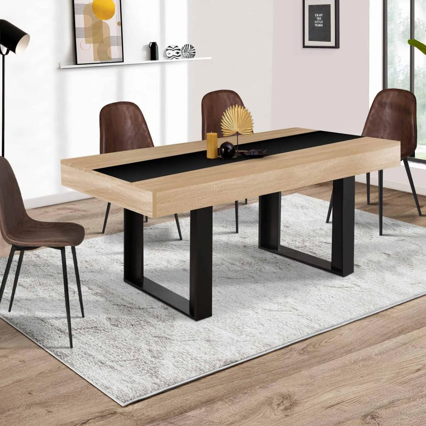 Table à manger extensible 6-10 personnes bois et bande centrale noire