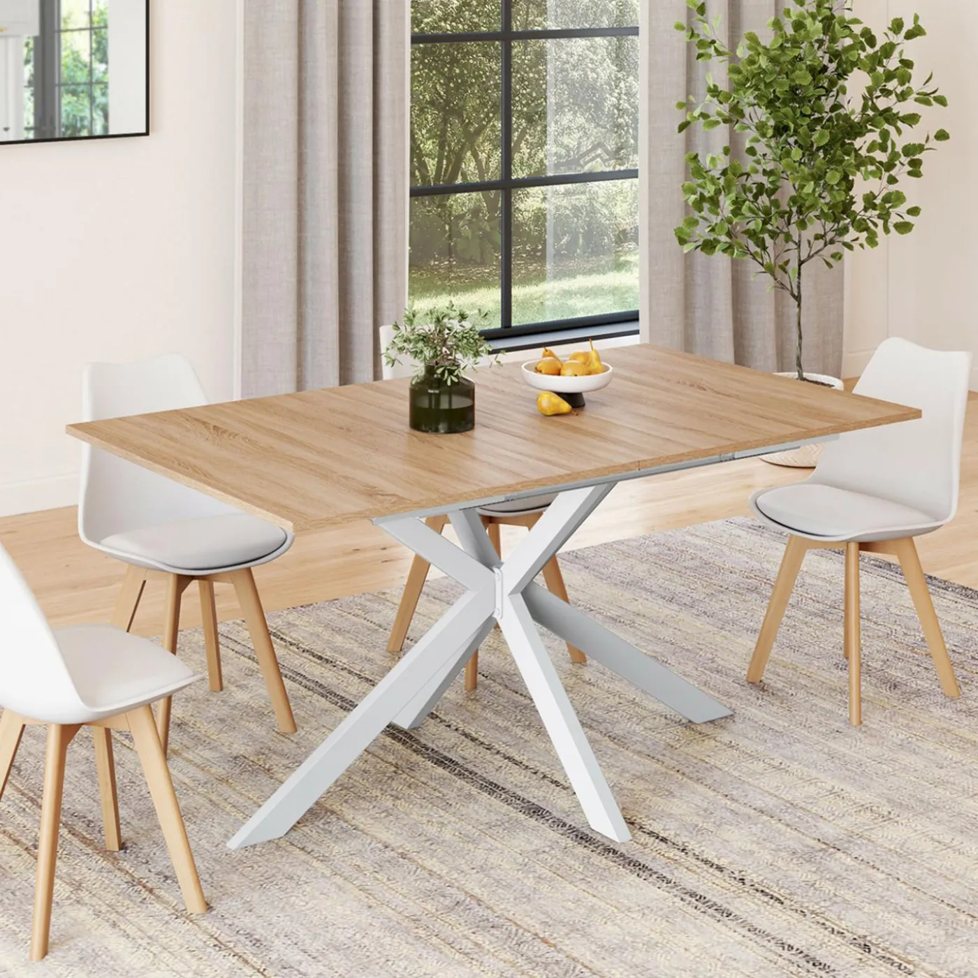 Table à manger extensible rectangulaire bois et blanc