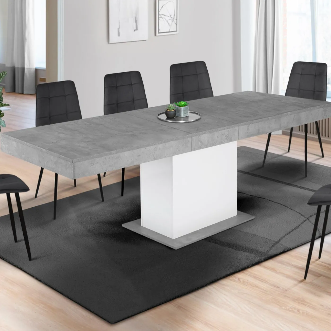 Table à manger extensible béton et blanc 6-10 personnes 160-200 cm