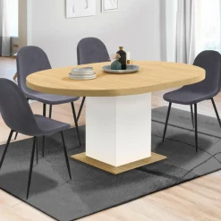 Table à manger extensible ronde 4-8 personnes bois et blanc 120-160 cm