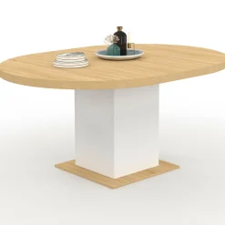 Table à manger extensible ronde 4-8 personnes bois et blanc 120-160 cm
