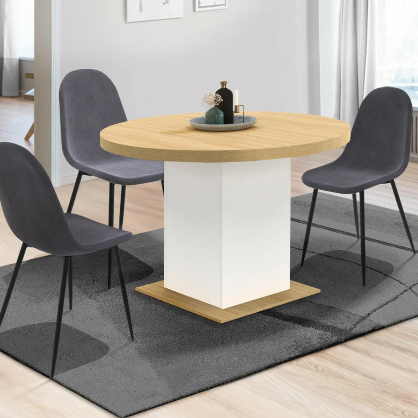 Table à manger extensible ronde 4-8 personnes bois et blanc 120-160 cm