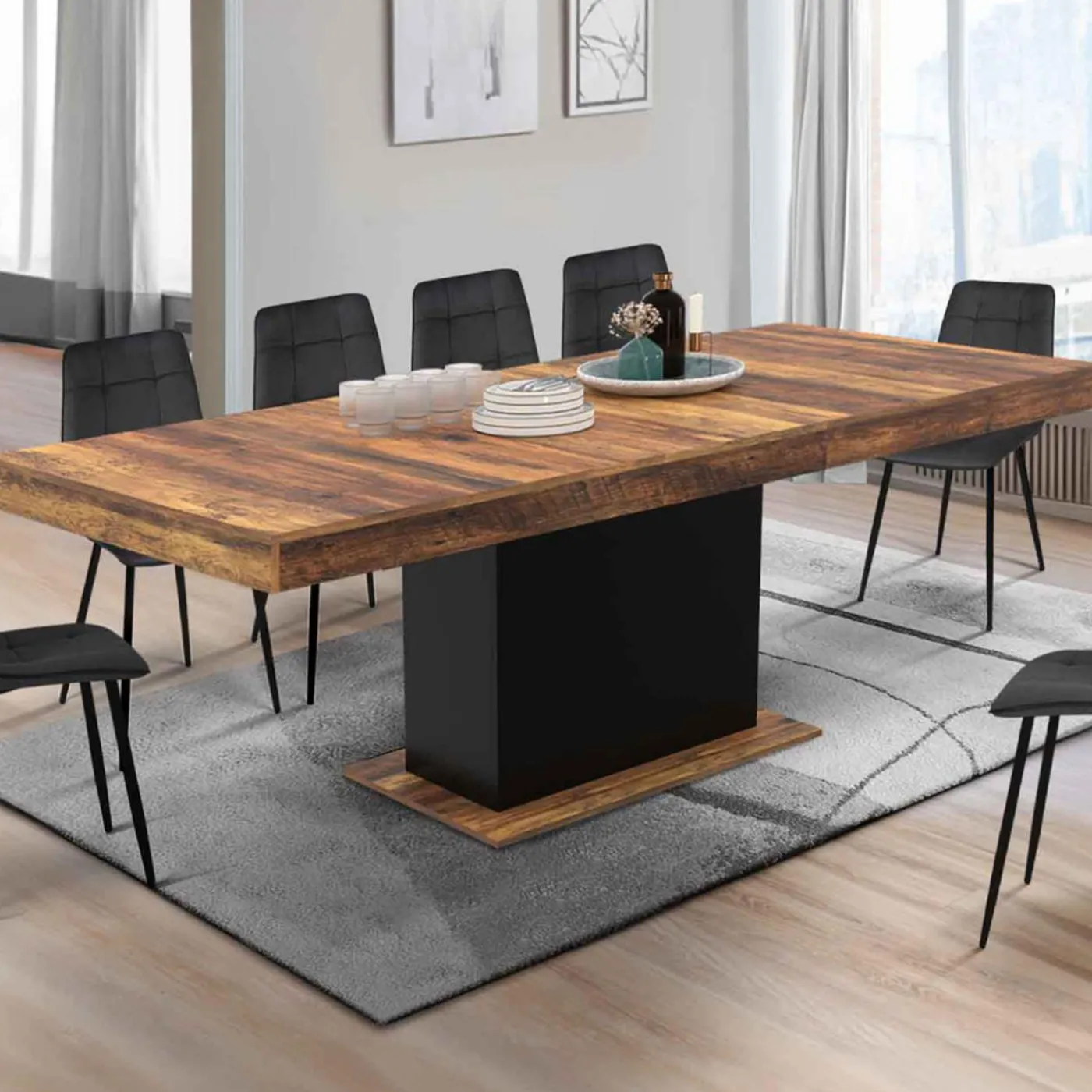 Table à manger extensible rectangle bois foncé et noir