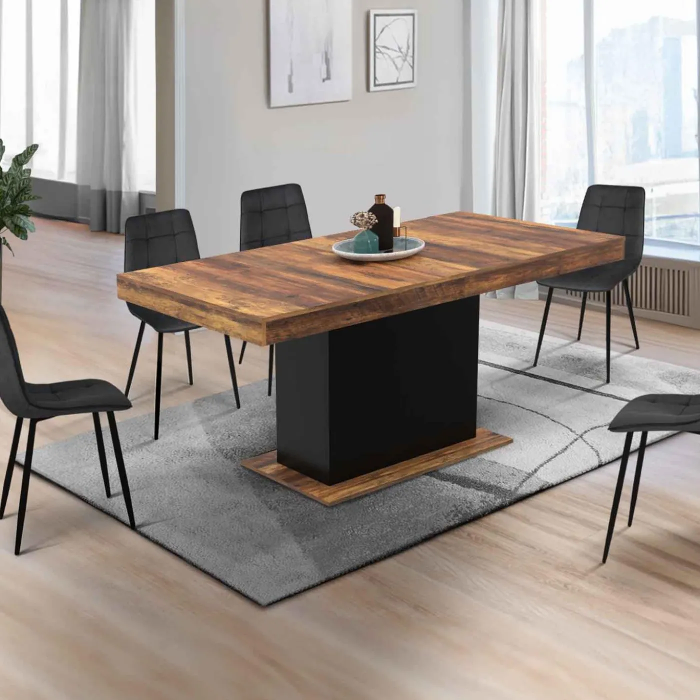 Table à manger extensible rectangle bois foncé et noir