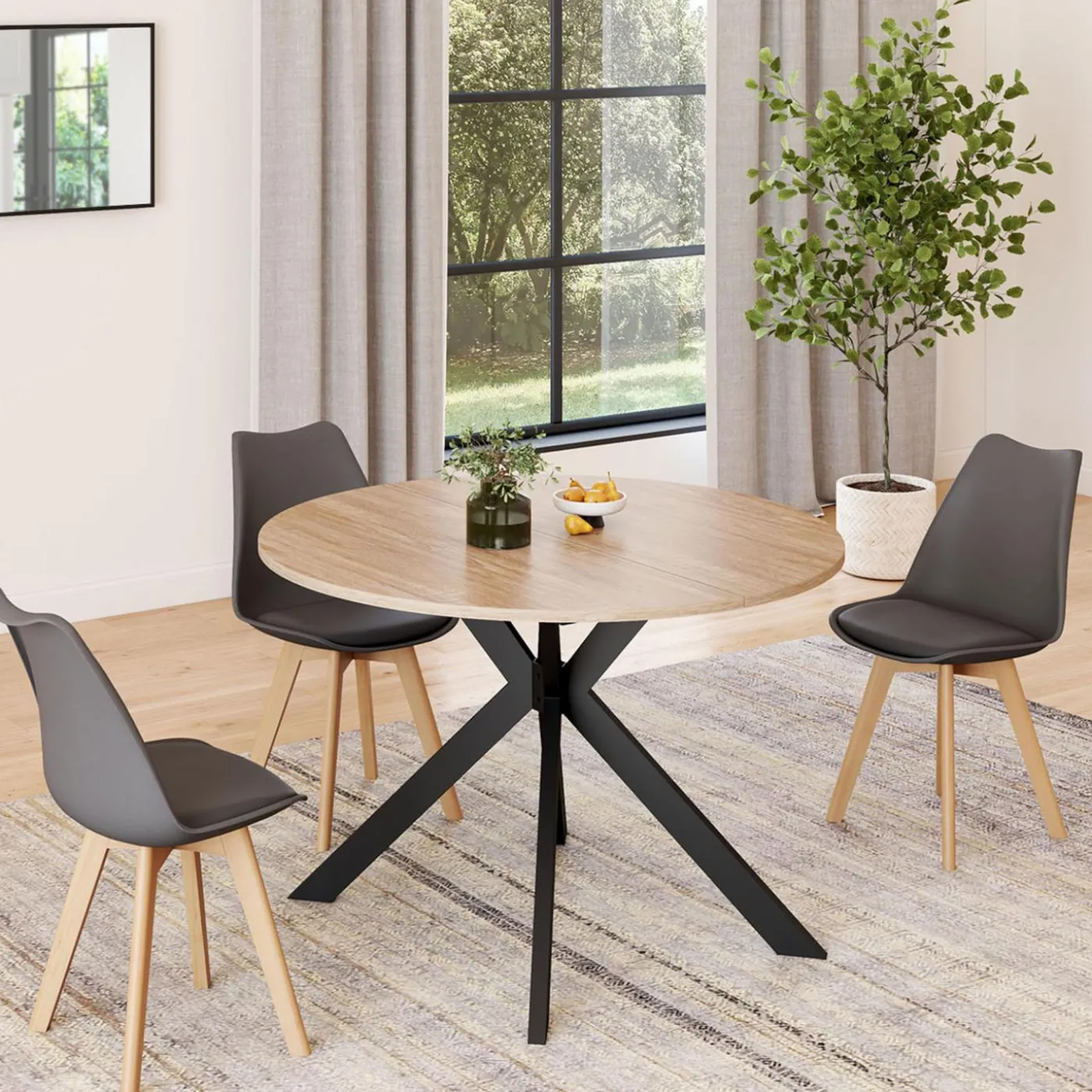 Table à manger extensible ronde 110-200 cm 4-10 personnes bois et pied araignée noir