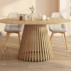 Table à manger extensible ronde 4-8 personnes pied bois en lattes et plateau bois 110 - 150cm