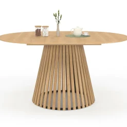 Table à manger extensible ronde 4-8 personnes pied bois en lattes et plateau bois 110 - 150cm