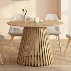 Table à manger extensible ronde 4-8 personnes pied bois en lattes et plateau bois 110 - 150cm
