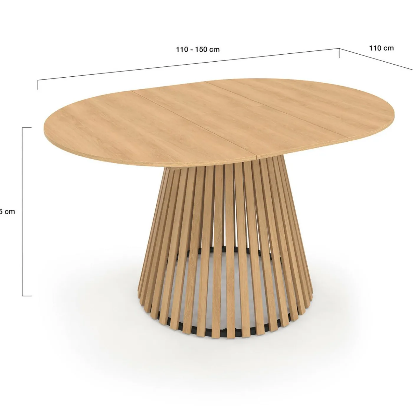 Table à manger extensible ronde 4-8 personnes pied bois en lattes et plateau bois 110 - 150cm