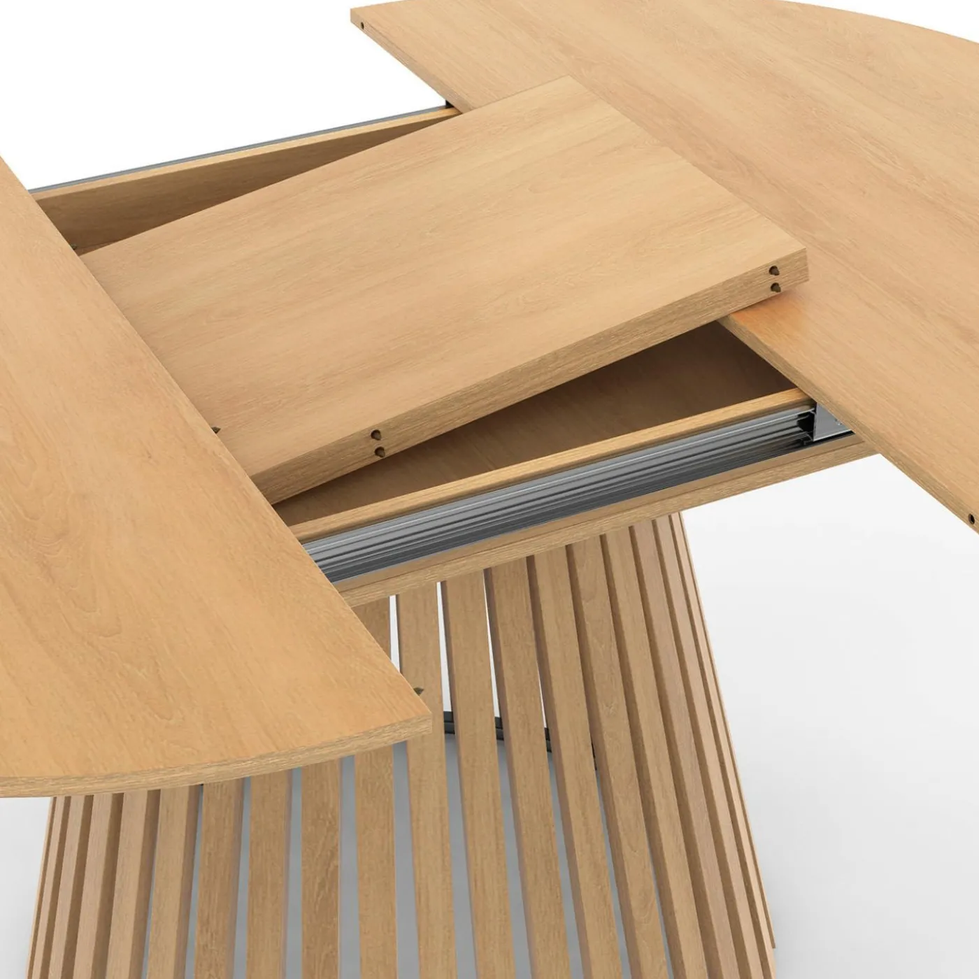 Table à manger extensible ronde 4-8 personnes pied bois en lattes et plateau bois 110 - 150cm
