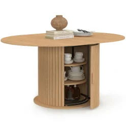 Table à manger extensible ronde 4-8 personnes pied lattes avec rangement 110-150 cm
