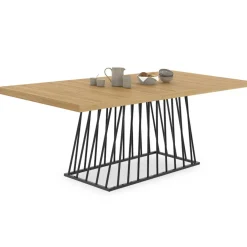 Table à manger extensible rectangle 160-200 cm 6-10 personnes plateau bois et pied filaire en métal noir