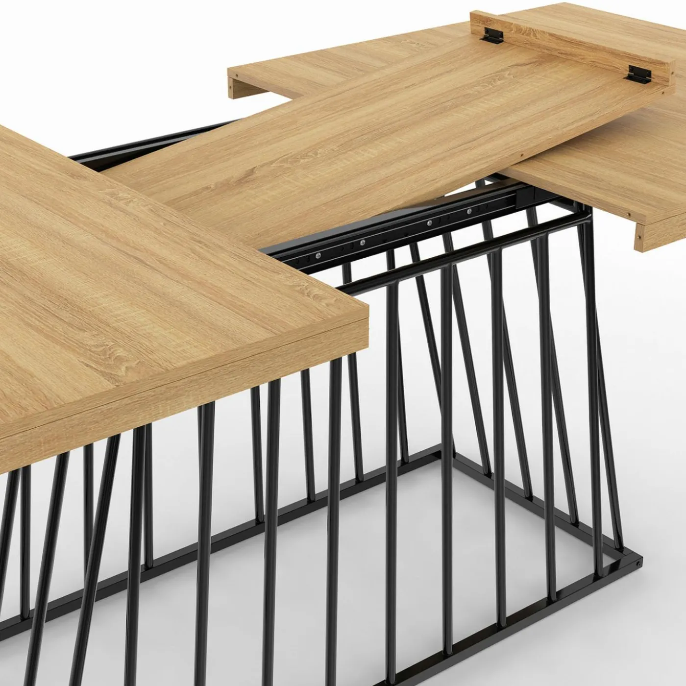 Table à manger extensible rectangle 160-200 cm 6-10 personnes plateau bois et pied filaire en métal noir