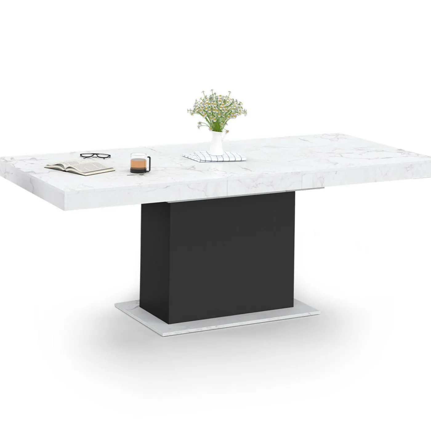 Table à manger extensible 160-200 cm 6-10 personnes plateau effet marbre blanc pied noir