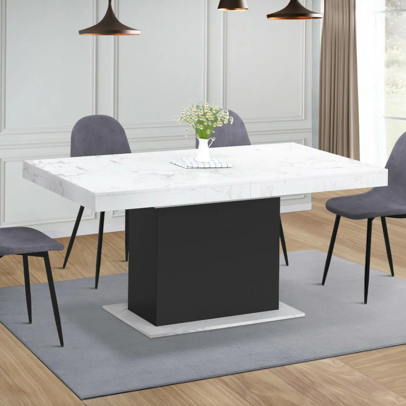 Table à manger extensible 160-200 cm 6-10 personnes plateau effet marbre blanc pied noir