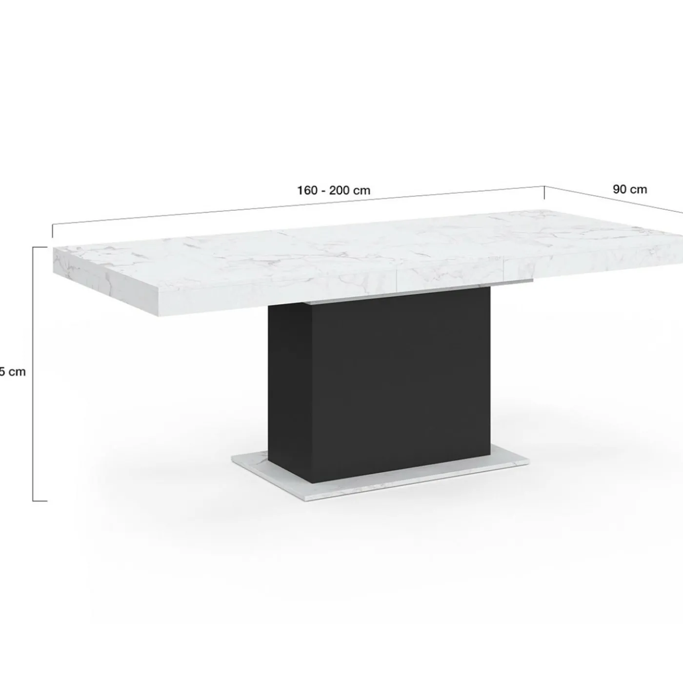 Table à manger extensible 160-200 cm 6-10 personnes plateau effet marbre blanc pied noir