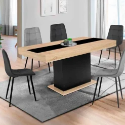 Table à manger extensible bois et bande centrale noire 6-10 personnes