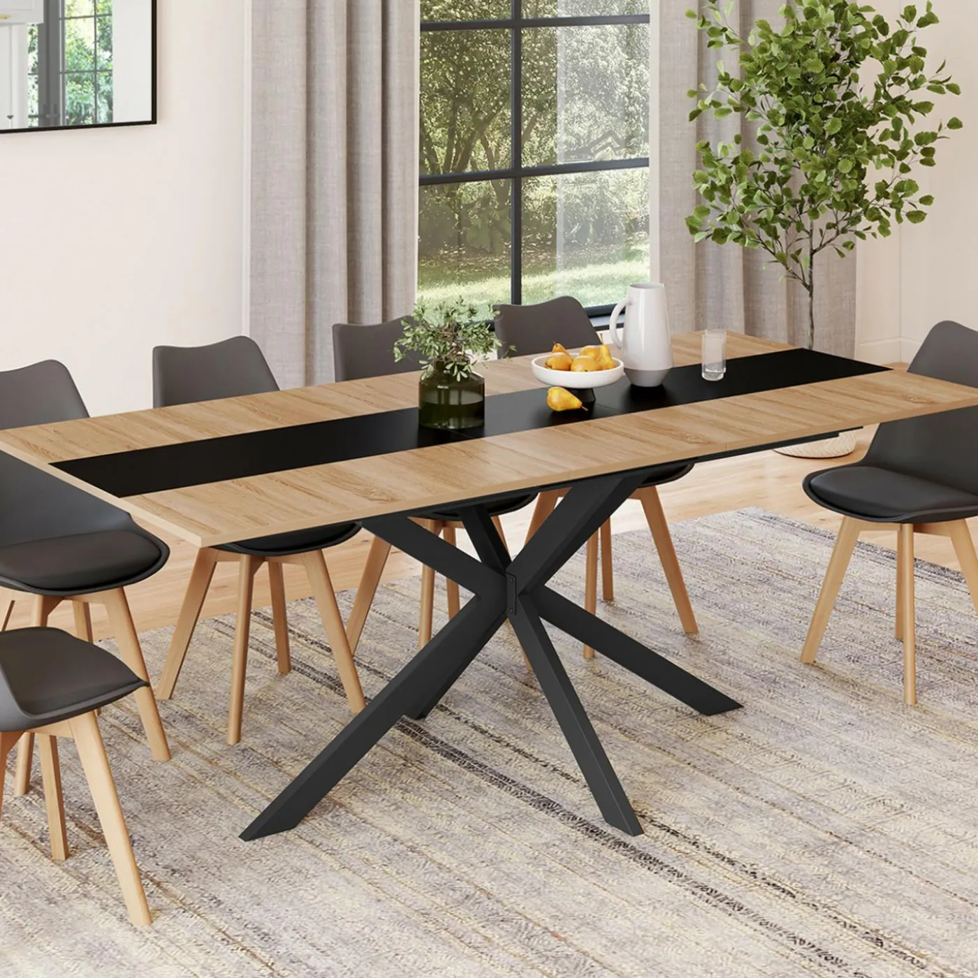 Table à manger extensible rectangle bois et bande centrale noir 160 - 200 cm