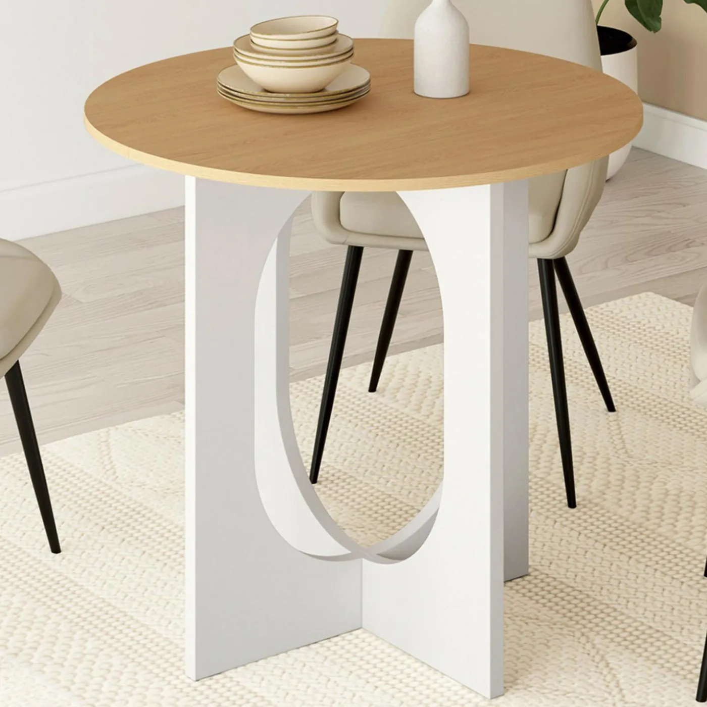 Table à manger fixe ronde 4 personnes pied arc blanc et bois 80 cm