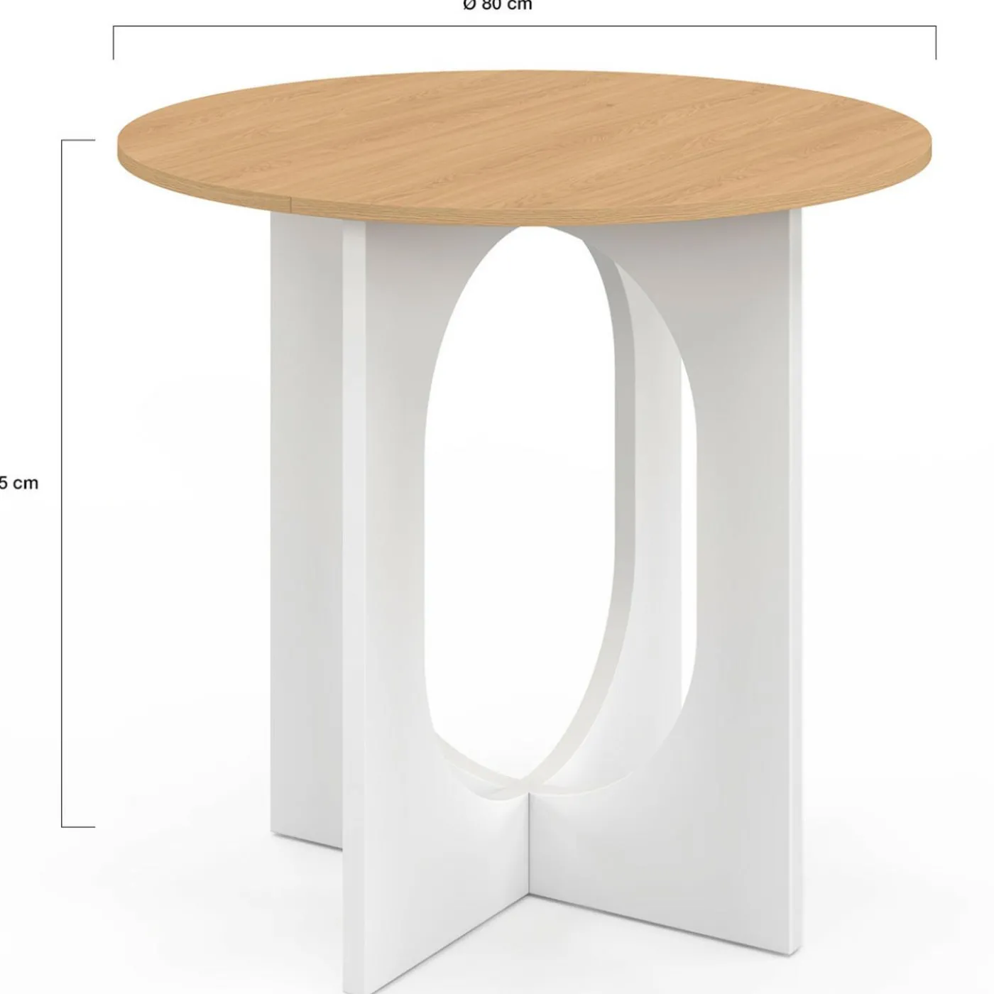 Table à manger fixe ronde 4 personnes pied arc blanc et bois 80 cm