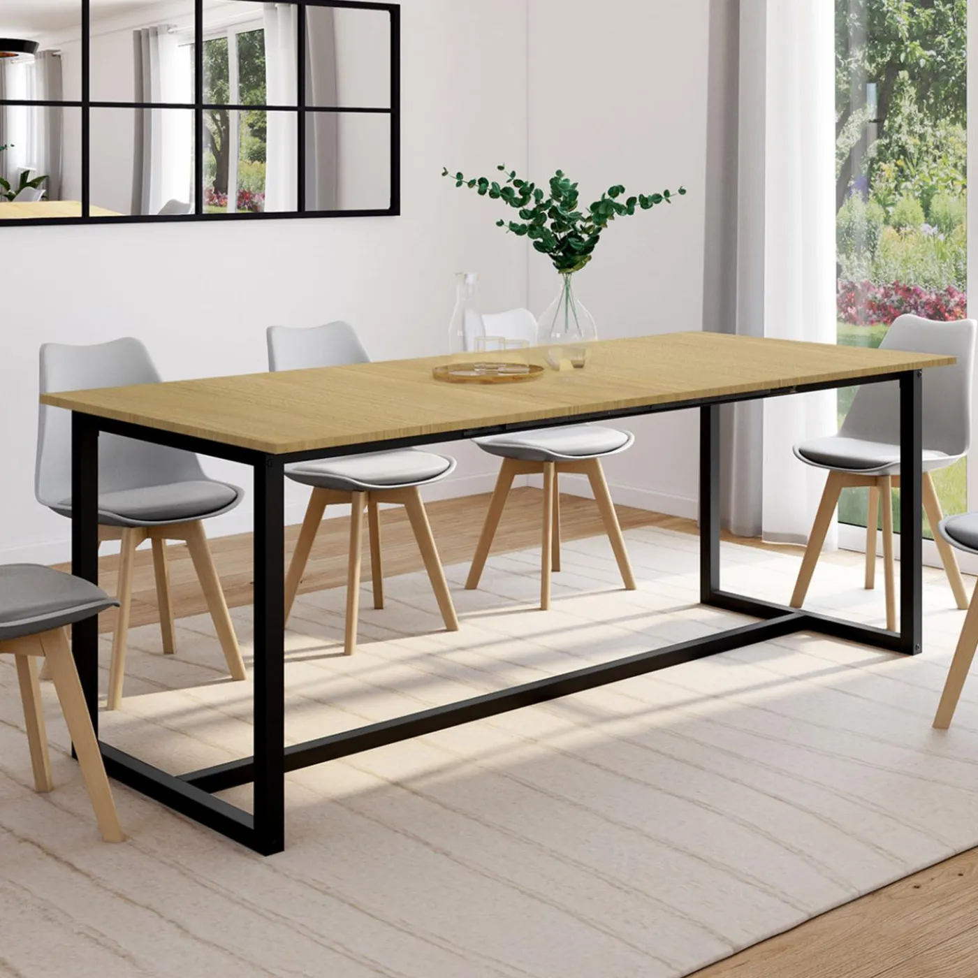 Table à manger industrielle extensible bois et métal 8-12 personnes