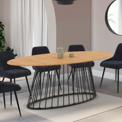 Table à manger ovale 10 personnes bois et métal noir