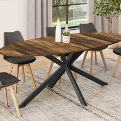 Table à manger ovale 10 personnes 200 cm pied araignée noir et plateau bois foncé