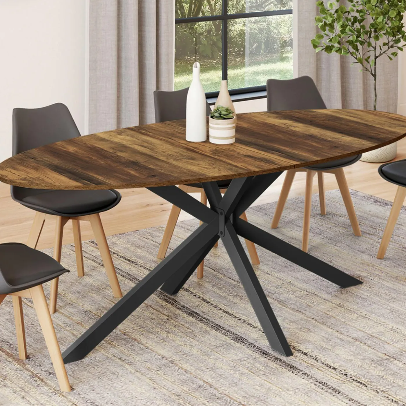 Table à manger ovale 10 personnes 200 cm pied araignée noir et plateau bois foncé