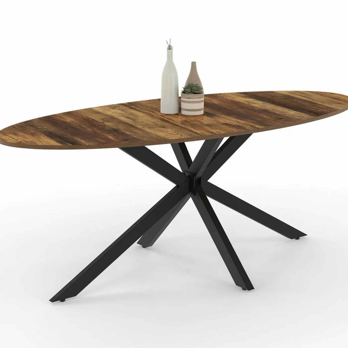 Table à manger ovale 10 personnes 200 cm pied araignée noir et plateau bois foncé