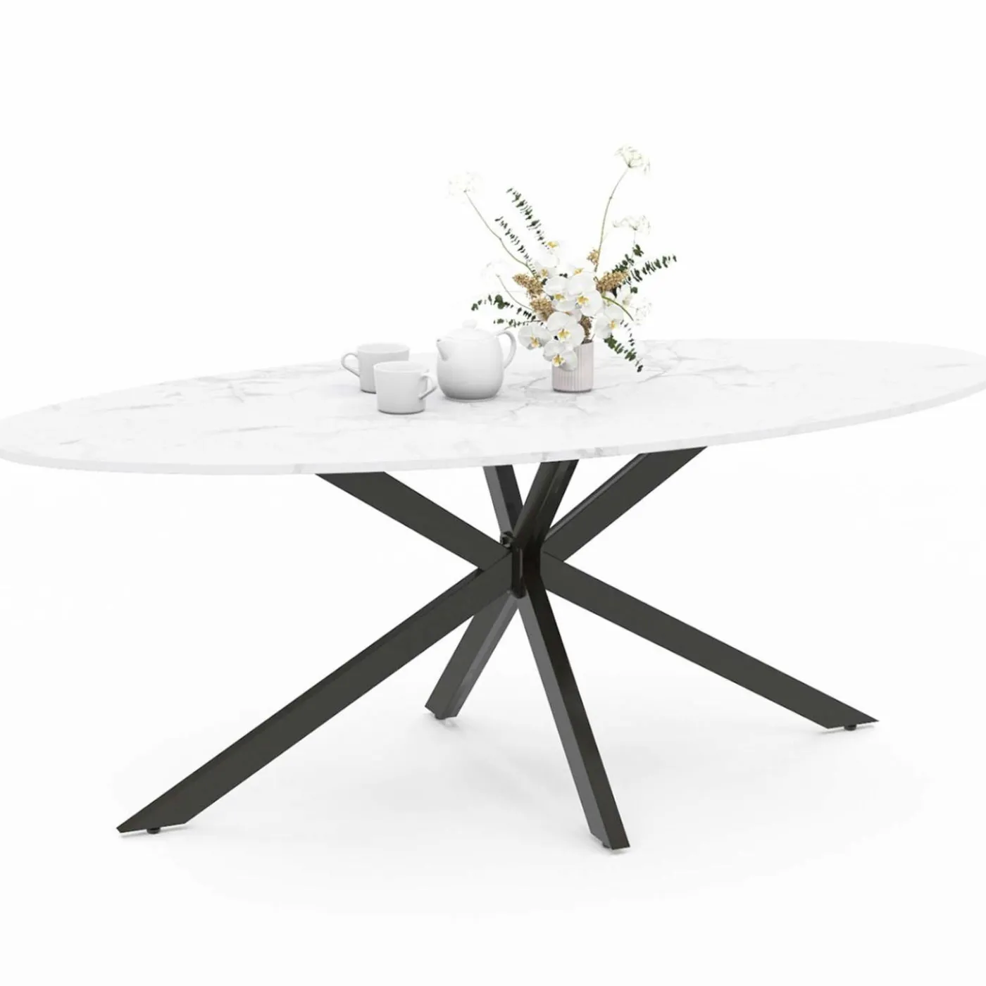 Table à manger ovale métal noir et plateau effet marbre blanc