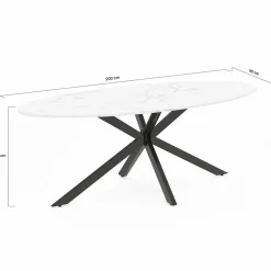 Table à manger ovale métal noir et plateau effet marbre blanc