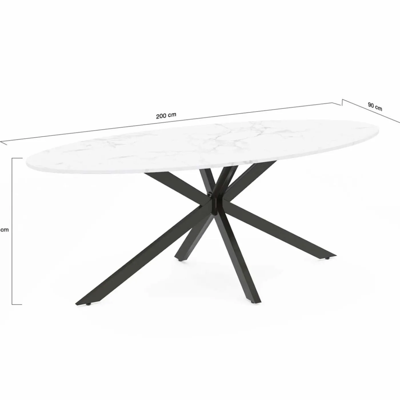 Table à manger ovale métal noir et plateau effet marbre blanc