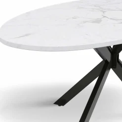 Table à manger ovale métal noir et plateau effet marbre blanc