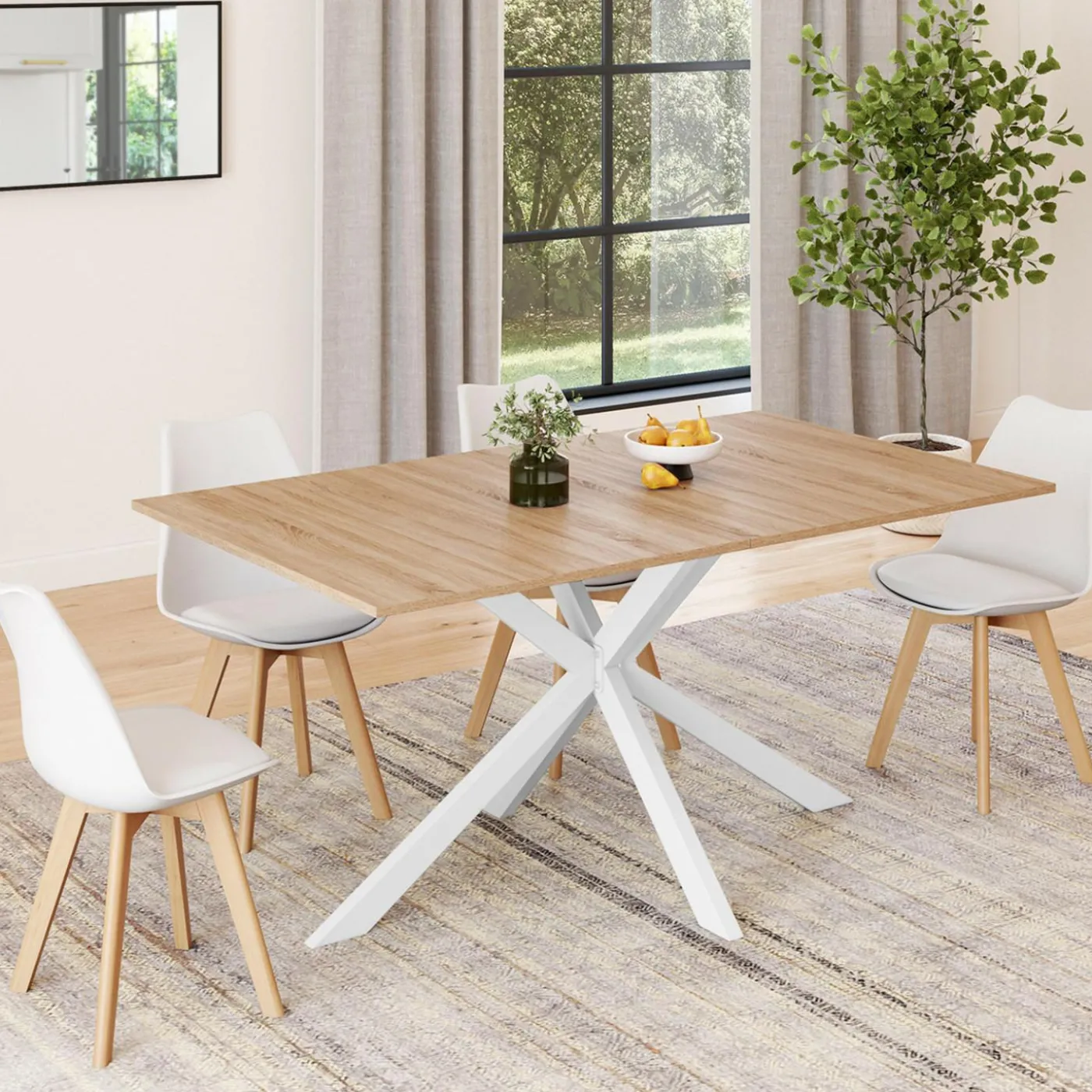 Table à manger pied central bois et blanc 8 personnes