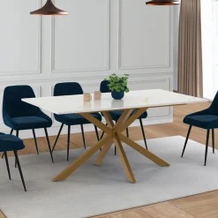 Table à manger rectangle 8 personnes 160 cm pied araignée laiton et plateau effet marbre blanc