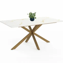 Table à manger rectangle 8 personnes 160 cm pied araignée laiton et plateau effet marbre blanc