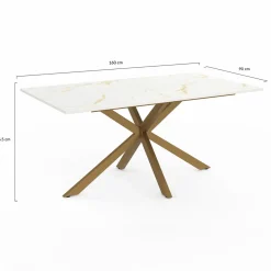Table à manger rectangle 8 personnes 160 cm pied araignée laiton et plateau effet marbre blanc