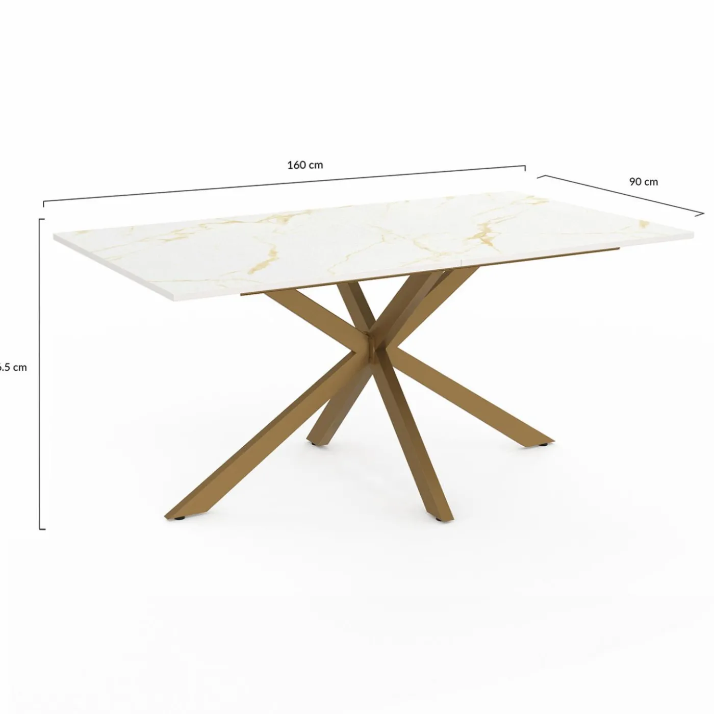 Table à manger rectangle 8 personnes 160 cm pied araignée laiton et plateau effet marbre blanc