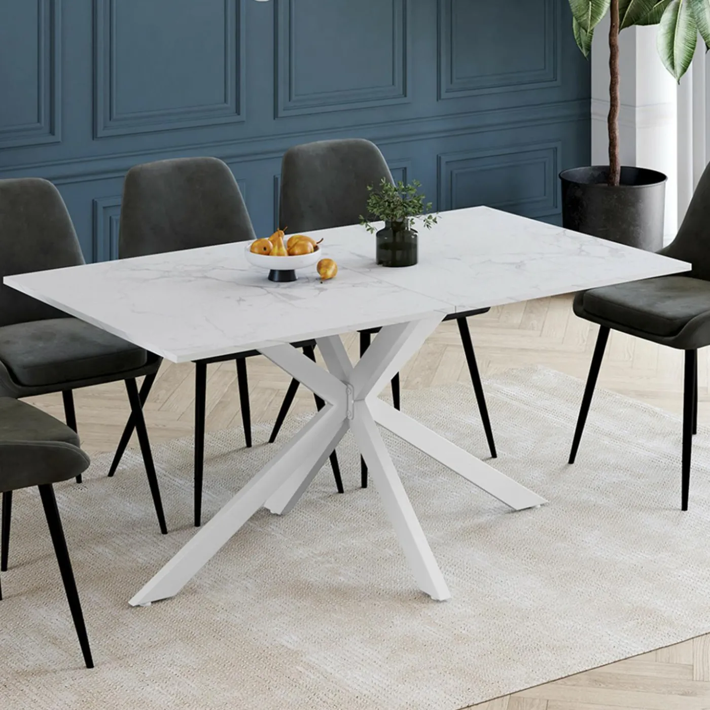 Table à manger rectangle 160 cm 8 personnes pied araignée blanc plateau effet marbre blanc