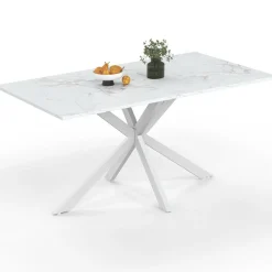 Table à manger rectangle 160 cm 8 personnes pied araignée blanc plateau effet marbre blanc