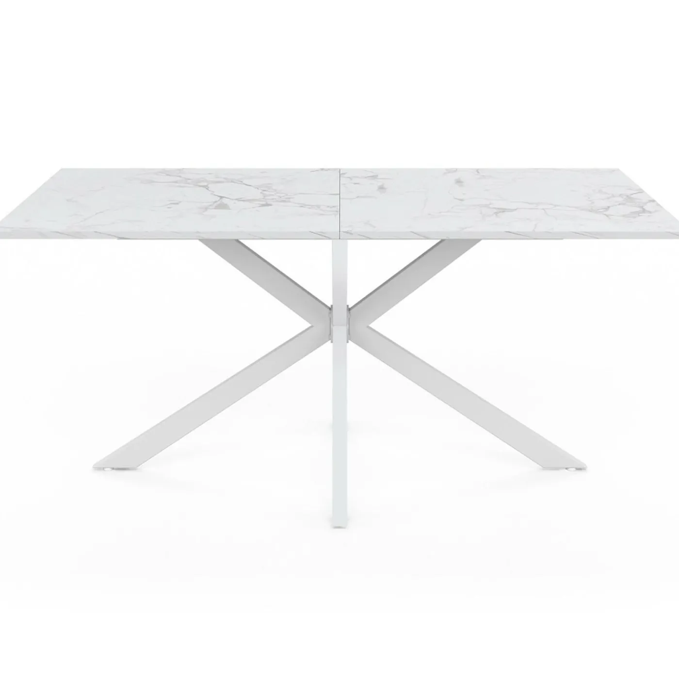 Table à manger rectangle 160 cm 8 personnes pied araignée blanc plateau effet marbre blanc