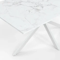 Table à manger rectangle 160 cm 8 personnes pied araignée blanc plateau effet marbre blanc