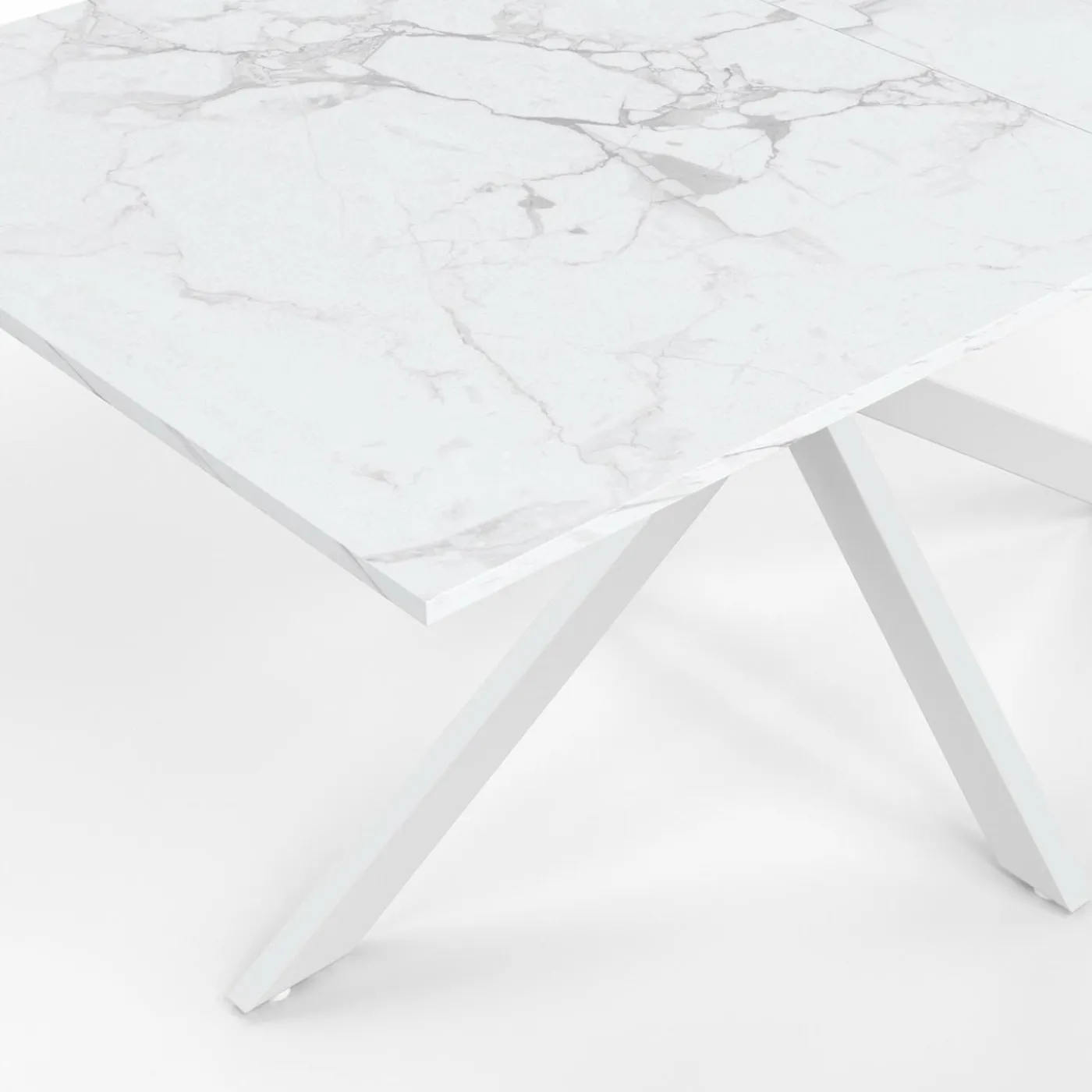 Table à manger rectangle 160 cm 8 personnes pied araignée blanc plateau effet marbre blanc
