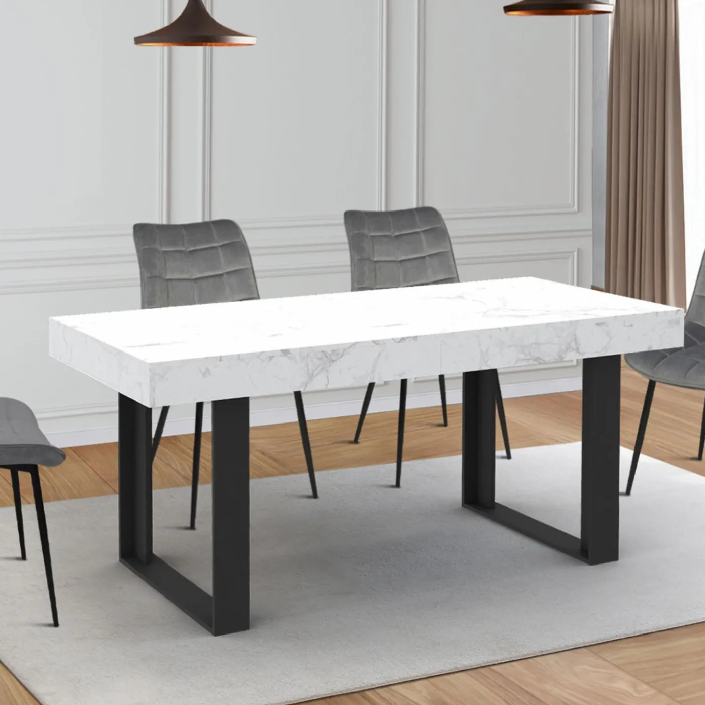 Table à manger rectangulaire extensible effet marbre et noir
