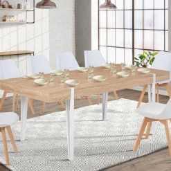 Table à manger rectangulaire 10 personnes 200 cm bois et pieds épingle blanc