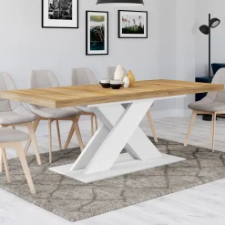 Table à manger rectangulaire extensible bois et blanc 6 à 10 personnes