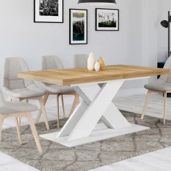 Table à manger rectangulaire extensible bois et blanc 6 à 10 personnes