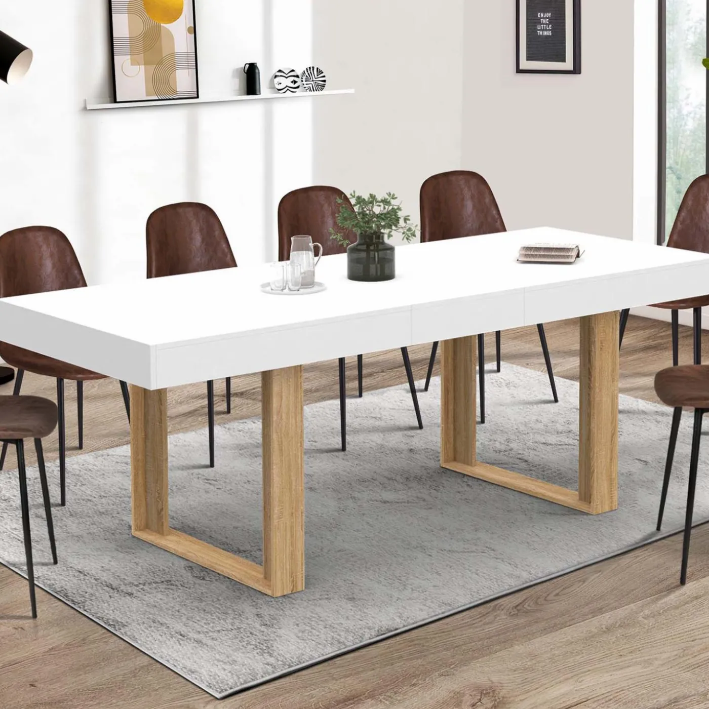 Table à manger rectangulaire extensible blanche et bois 160-200 cm